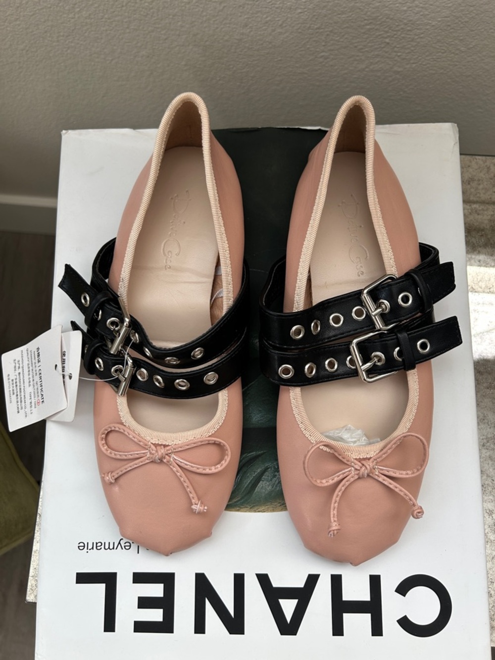 Pink Leather Ballet Flats with Double Black Buckle Straps - Picture 11 of 11